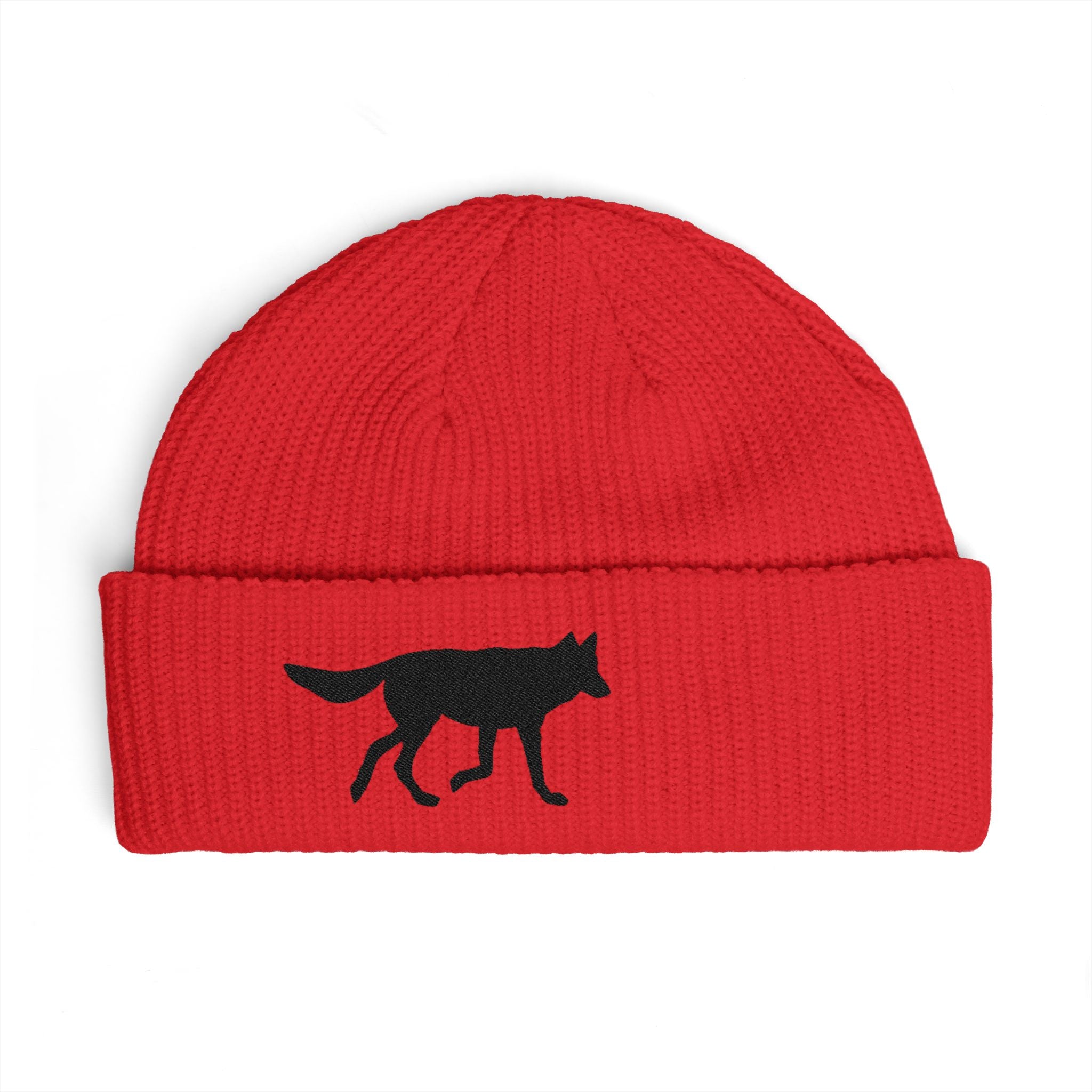 Wolf Silhouette Cuff Beanie — Embroidered Winter Hat