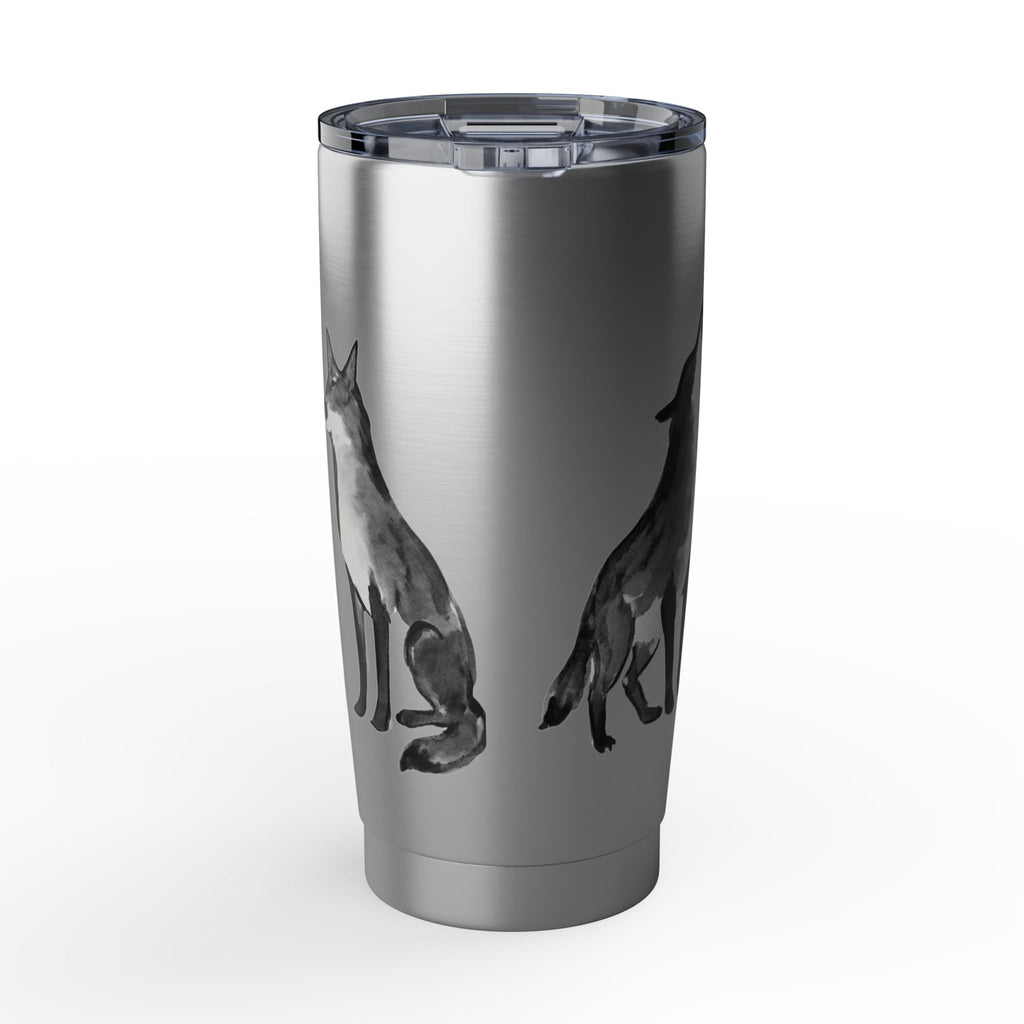 Vagabond Wolf 20oz Stainless Tumbler — Insulated Travel Cup with Howling & Sitting Wolf Art