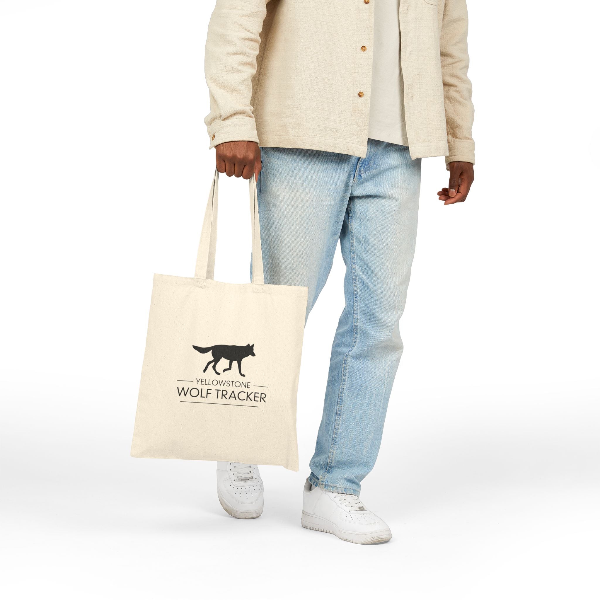 Yellowstone Wolf Tracker Cotton Tote — Wildlife Illustration Canvas Bag