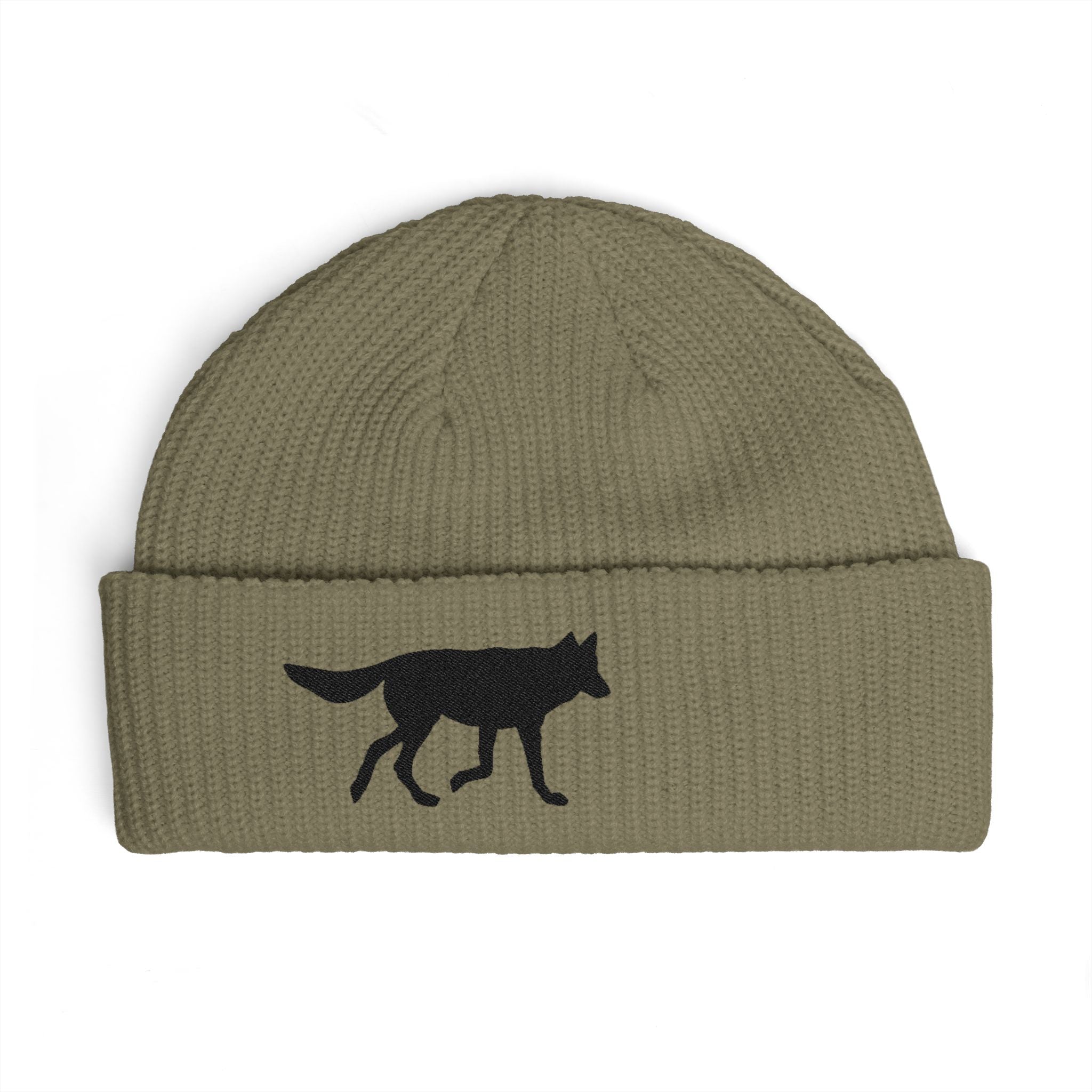 Wolf Silhouette Cuff Beanie — Embroidered Winter Hat