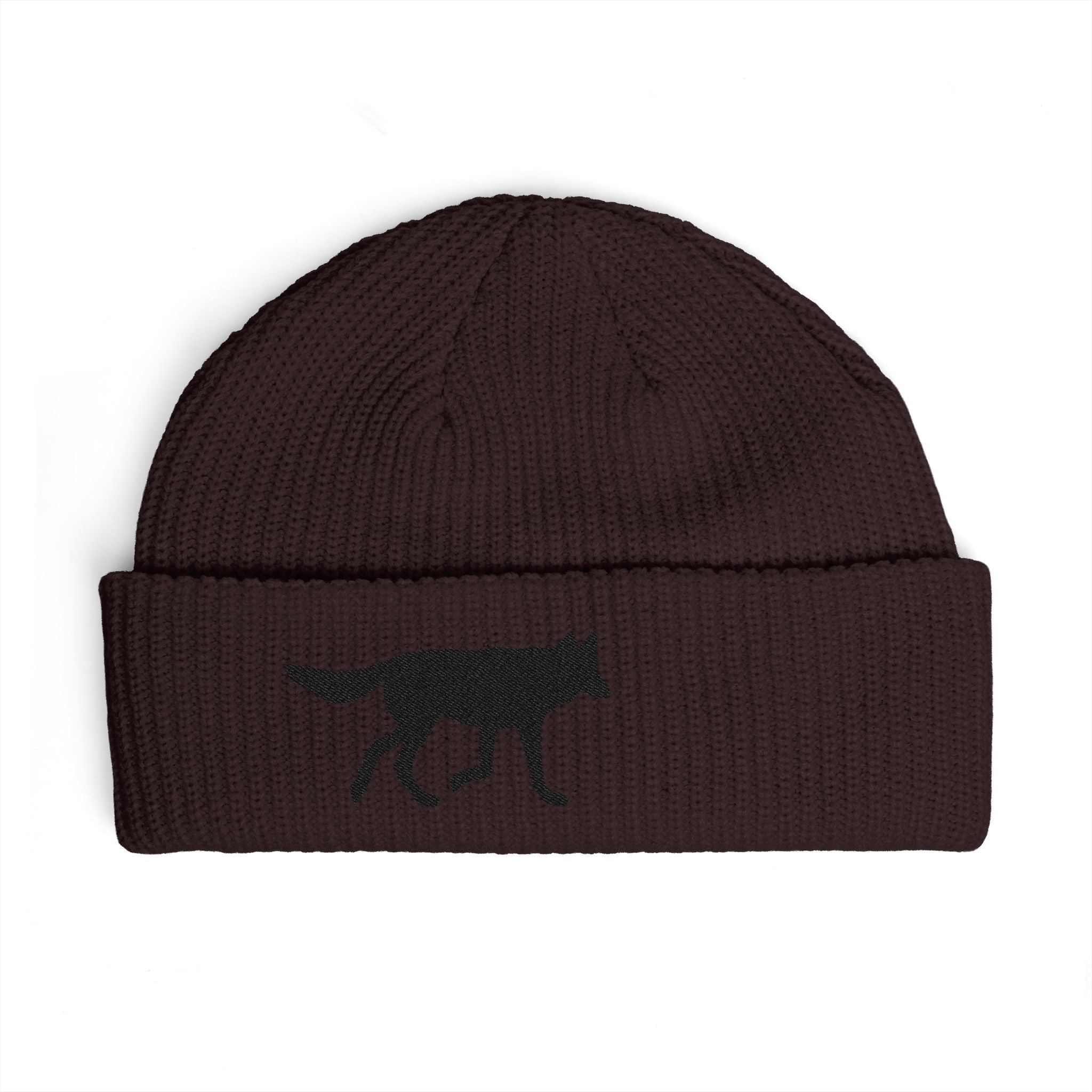Wolf Silhouette Cuff Beanie — Embroidered Winter Hat