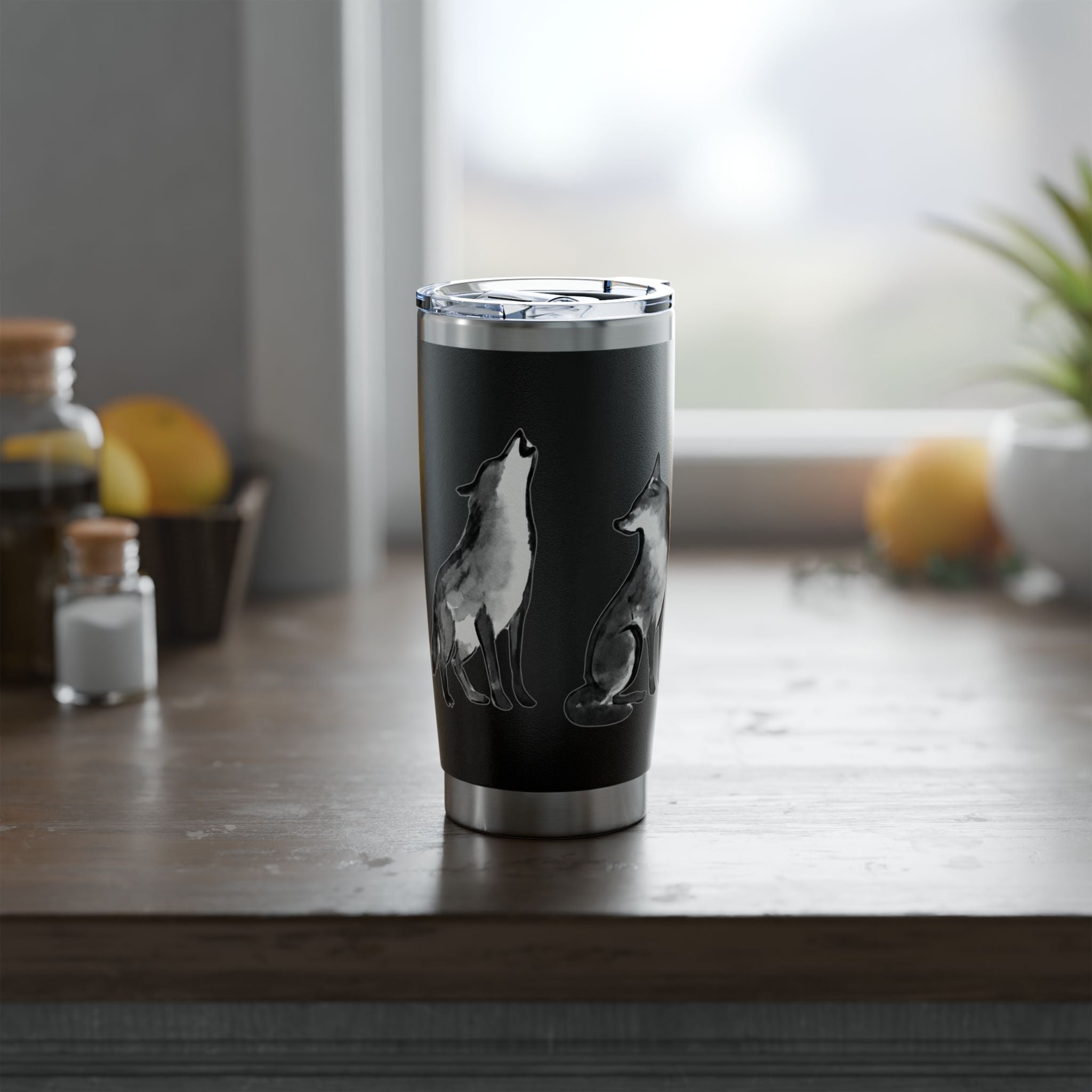 Vagabond Wolf 20oz Stainless Tumbler — Insulated Travel Cup with Howling & Sitting Wolf Art