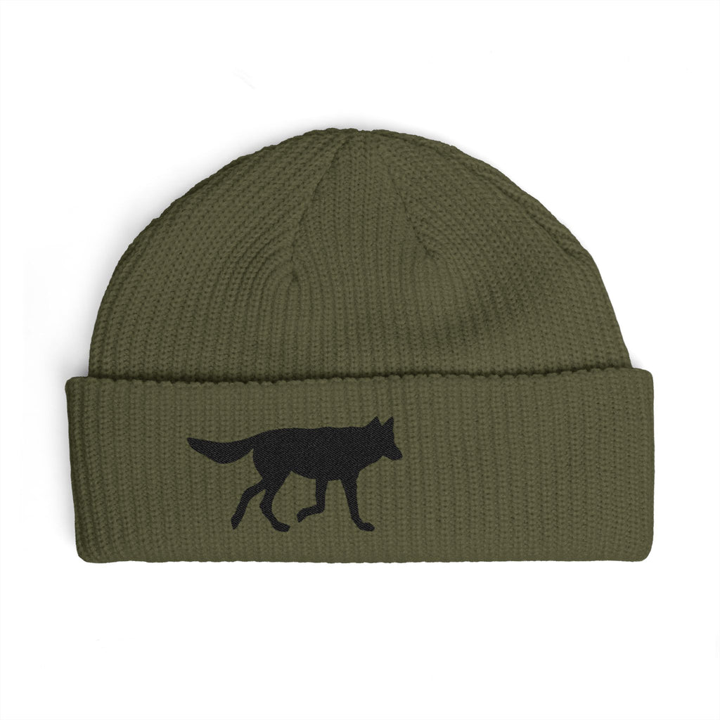 Wolf Silhouette Cuff Beanie — Embroidered Winter Hat