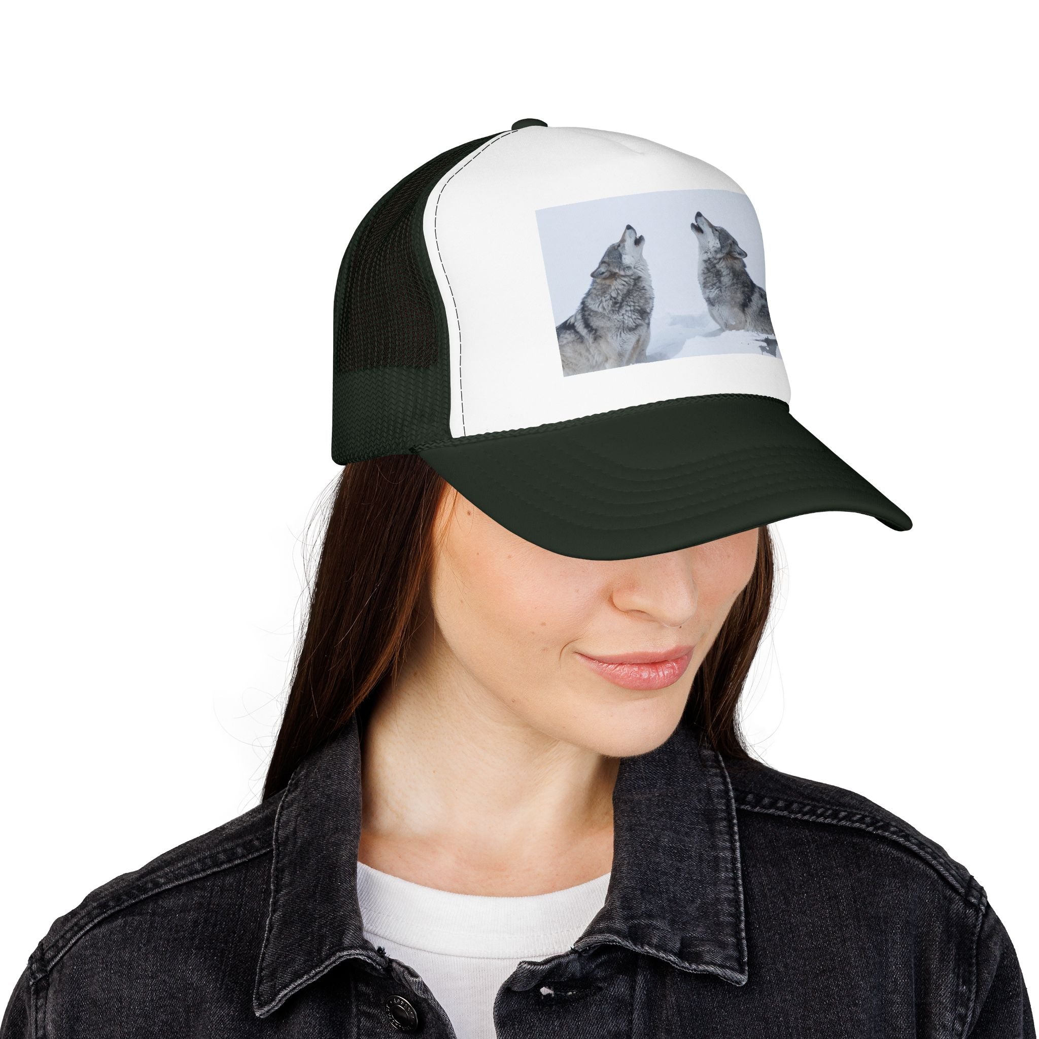 Howling Wolves Foam Trucker Hat — Winter Wildlife Mesh Cap