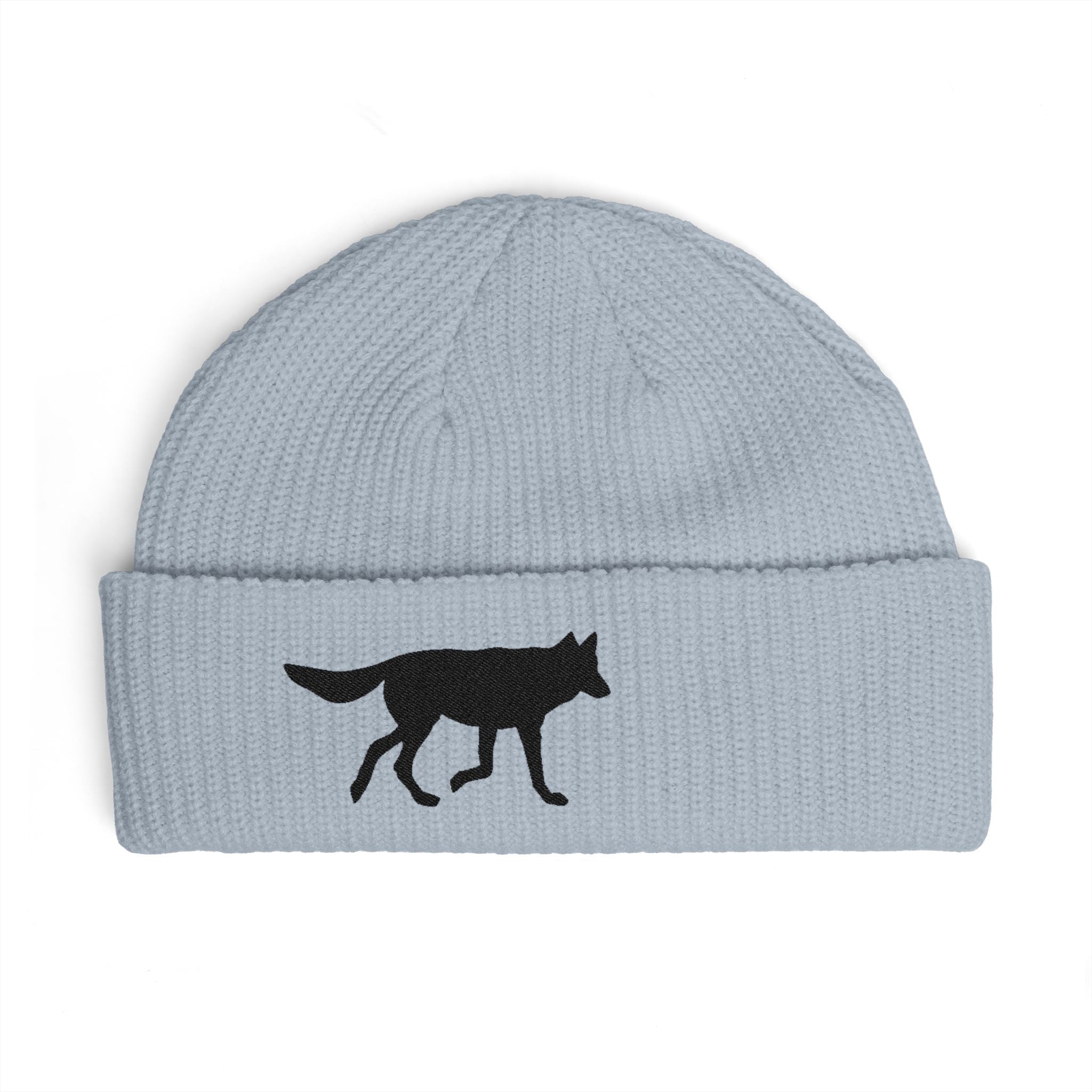 Wolf Silhouette Cuff Beanie — Embroidered Winter Hat