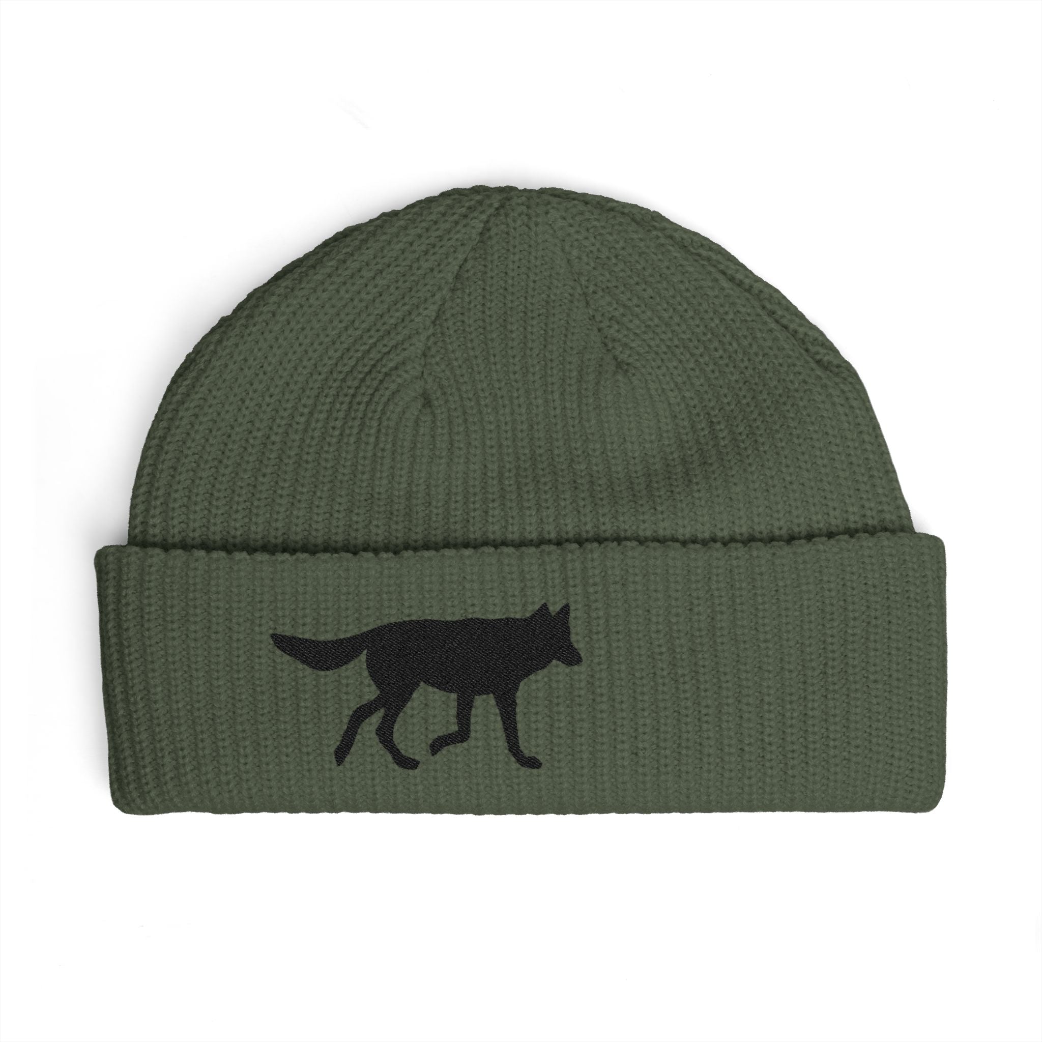 Wolf Silhouette Cuff Beanie — Embroidered Winter Hat