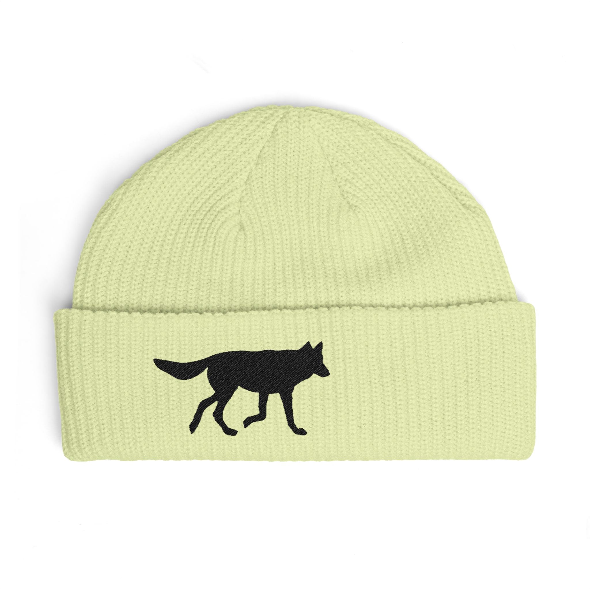 Wolf Silhouette Cuff Beanie — Embroidered Winter Hat