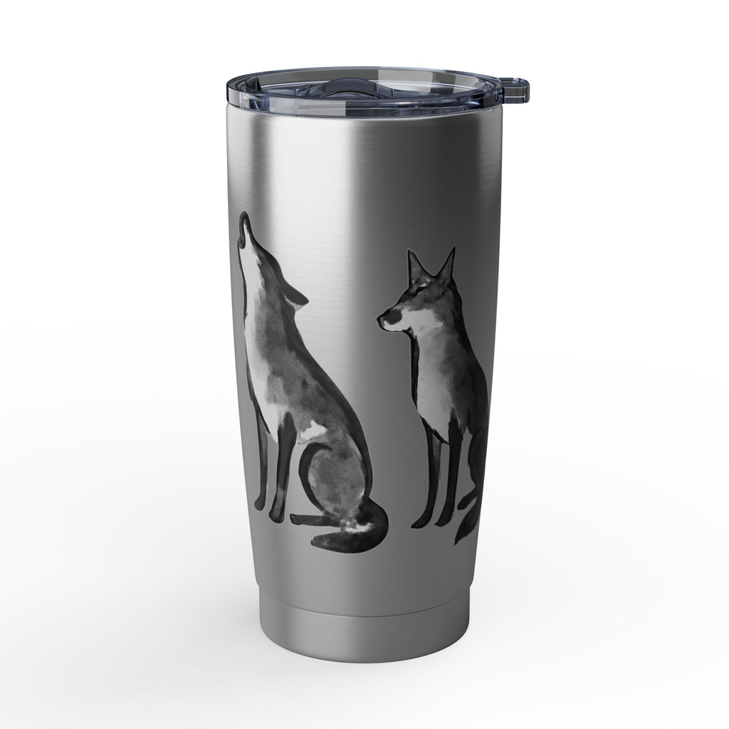 Vagabond Wolf 20oz Stainless Tumbler — Insulated Travel Cup with Howling & Sitting Wolf Art