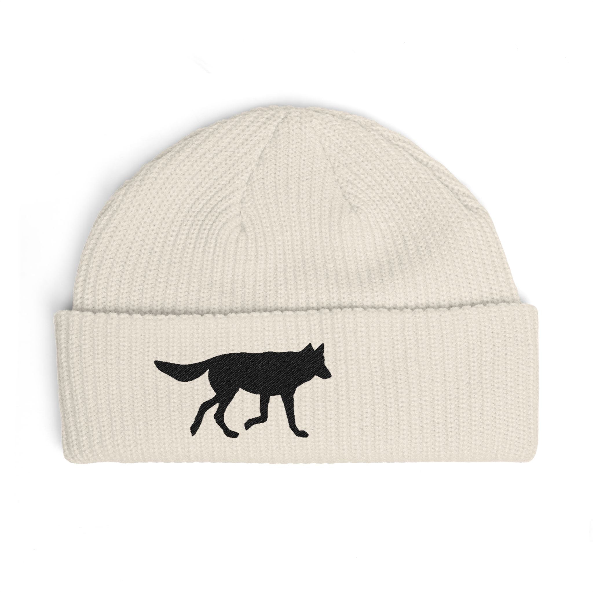 Wolf Silhouette Cuff Beanie — Embroidered Winter Hat