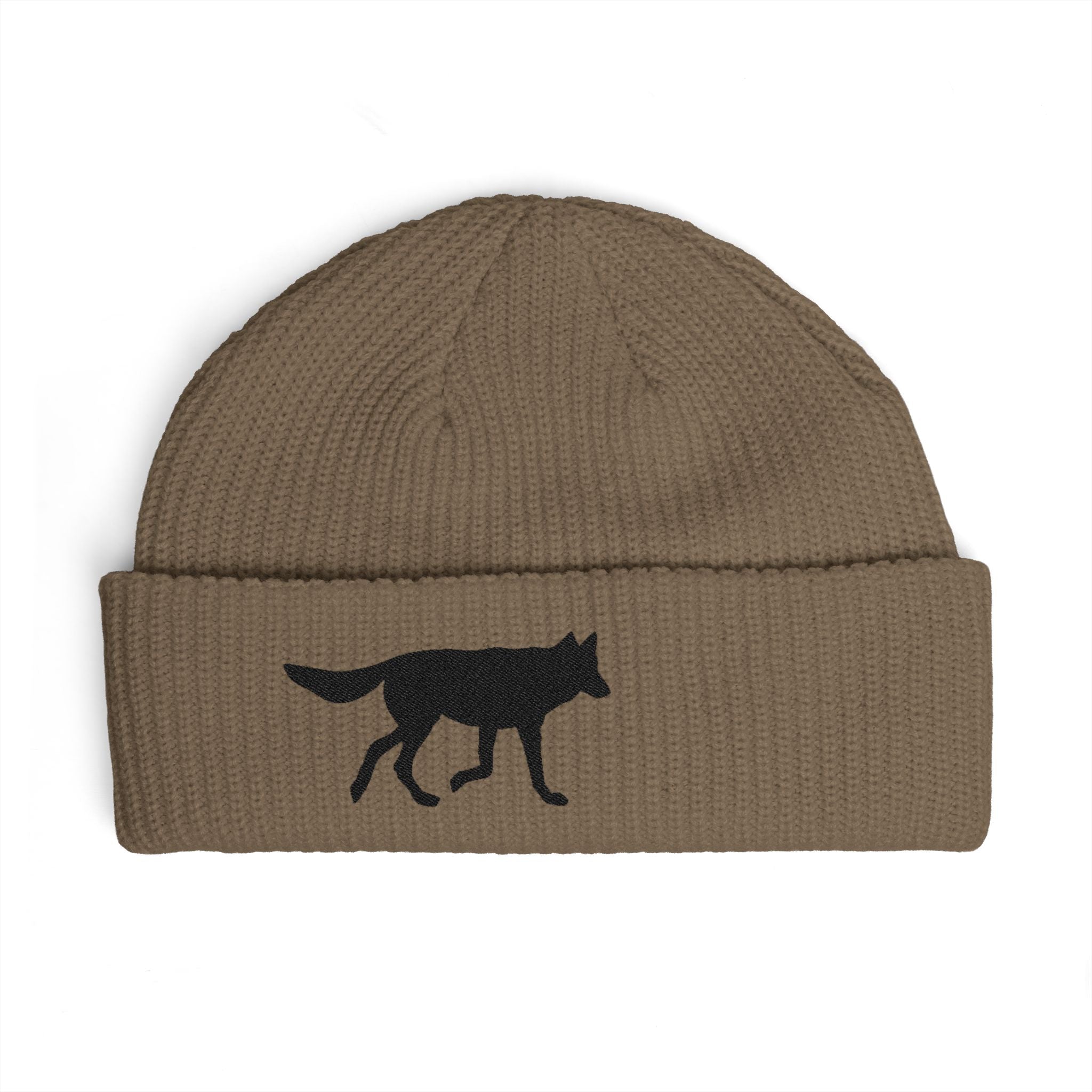 Wolf Silhouette Cuff Beanie — Embroidered Winter Hat