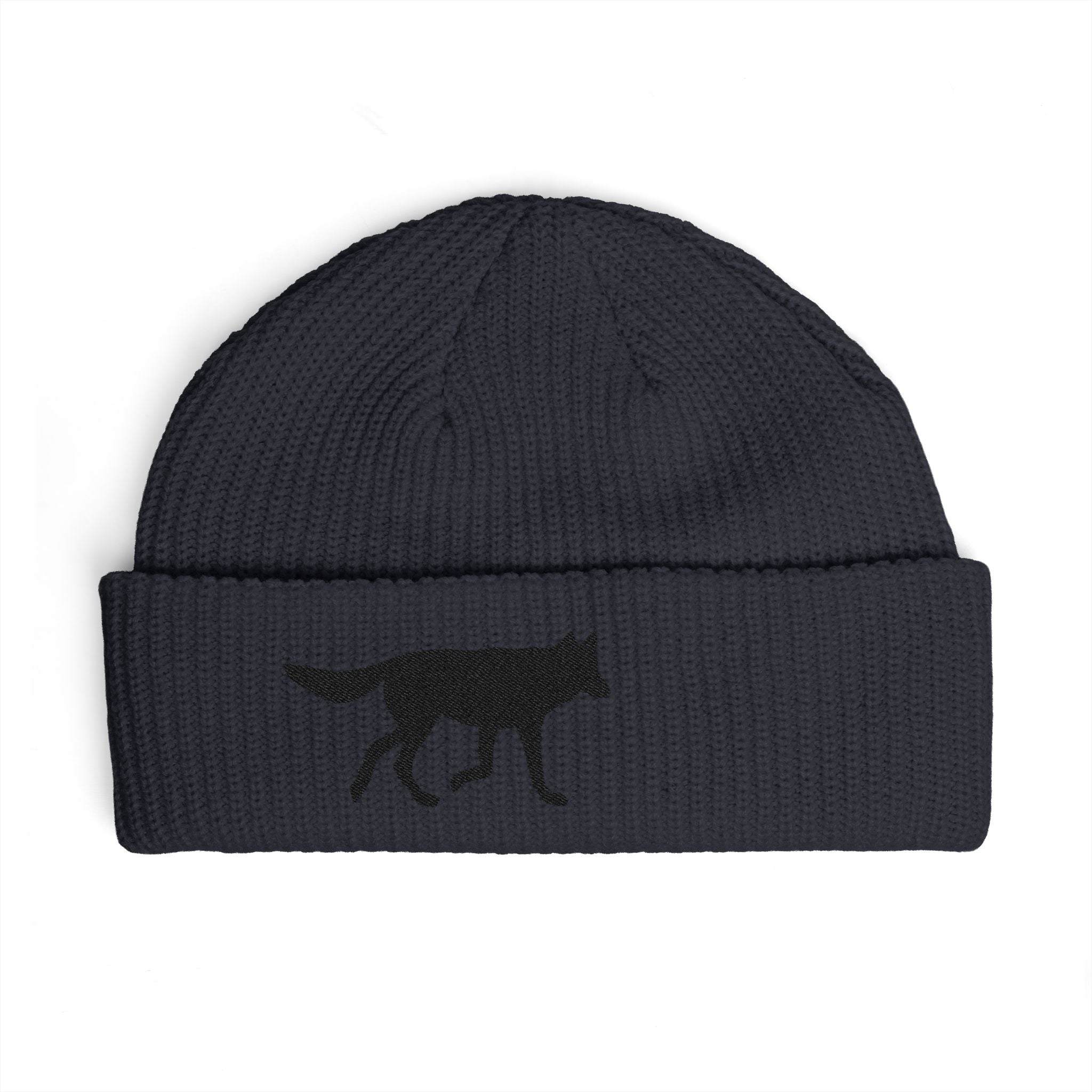 Wolf Silhouette Cuff Beanie — Embroidered Winter Hat