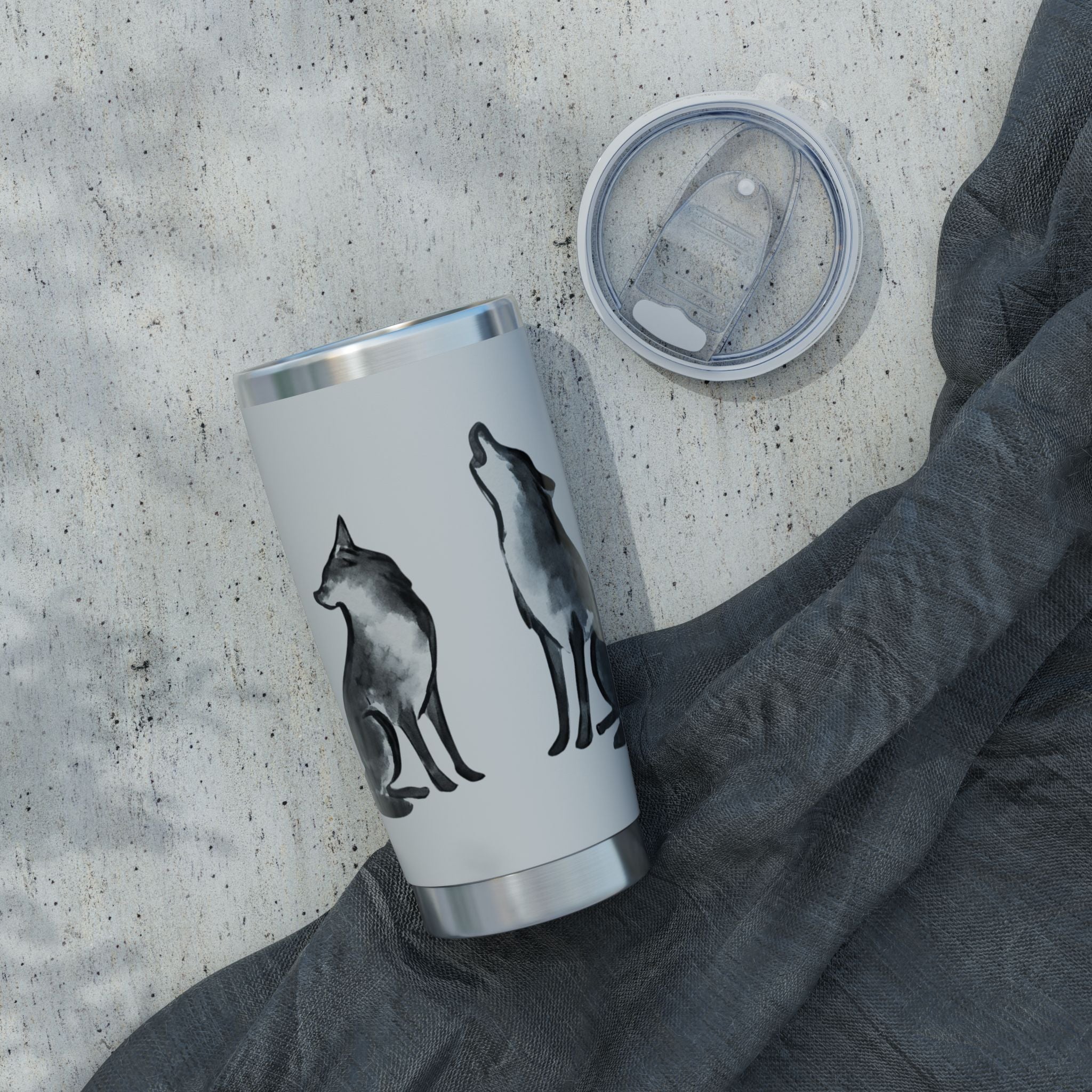 Vagabond Wolf 20oz Stainless Tumbler — Insulated Travel Cup with Howling & Sitting Wolf Art