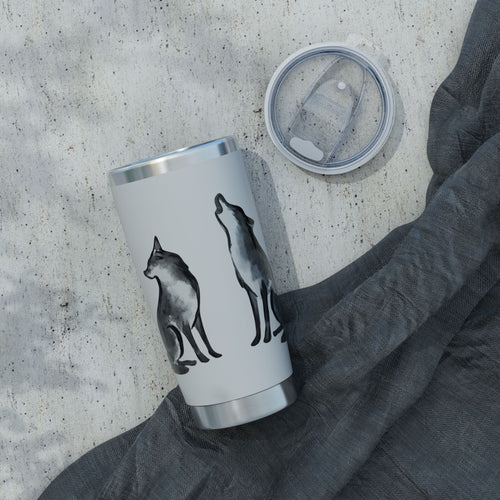 Vagabond Wolf 20oz Stainless Tumbler — Insulated Travel Cup with Howling & Sitting Wolf Art