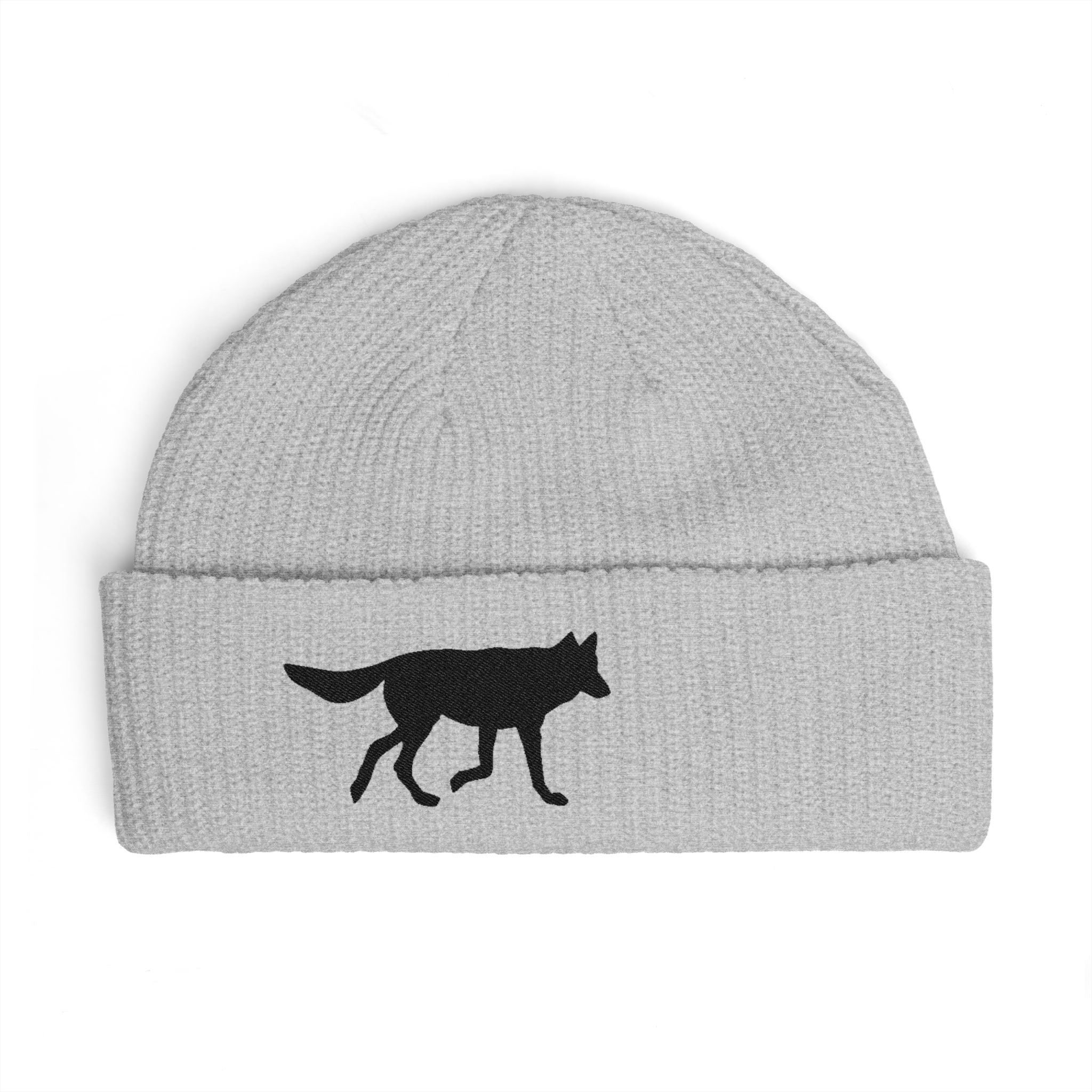 Wolf Silhouette Cuff Beanie — Embroidered Winter Hat