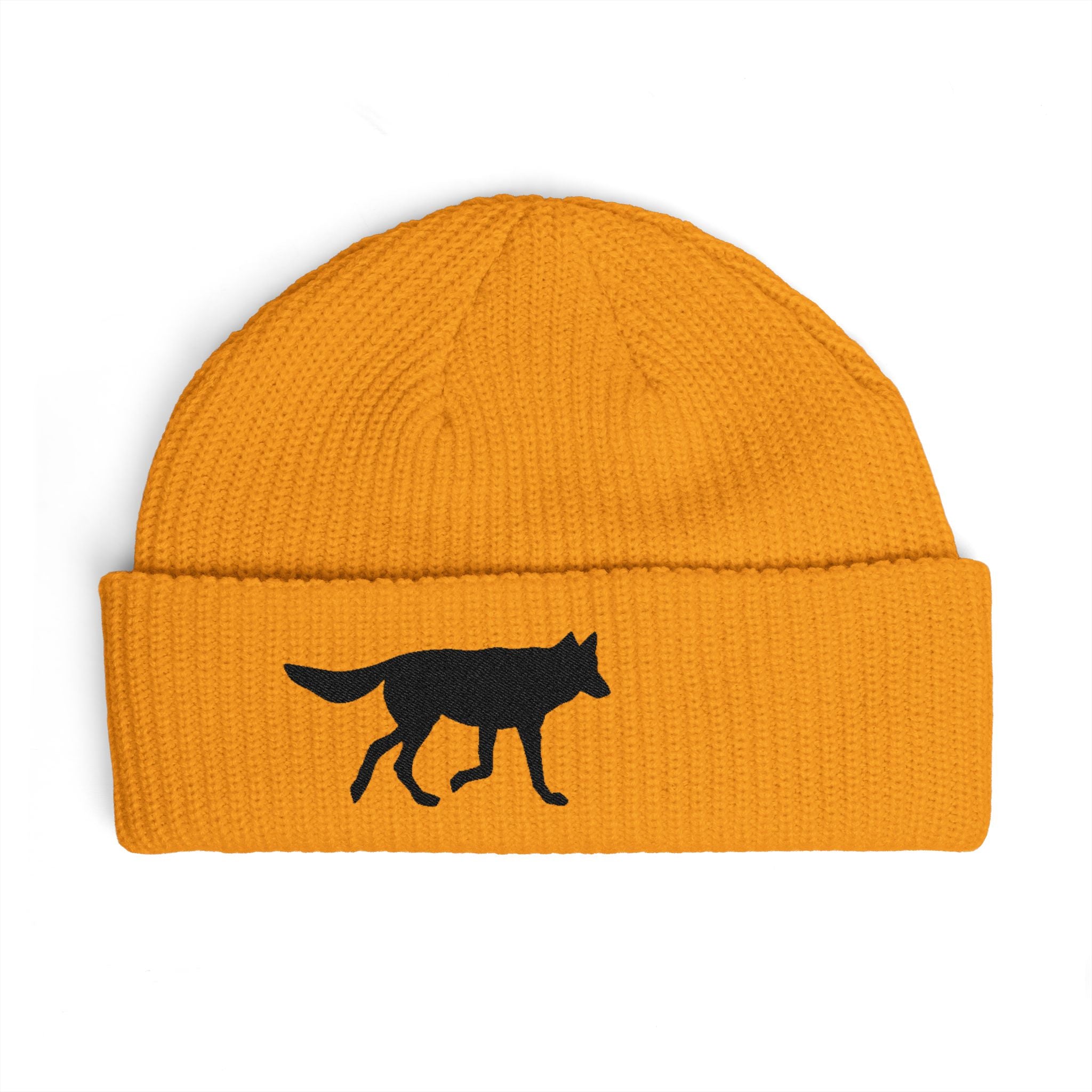 Wolf Silhouette Cuff Beanie — Embroidered Winter Hat