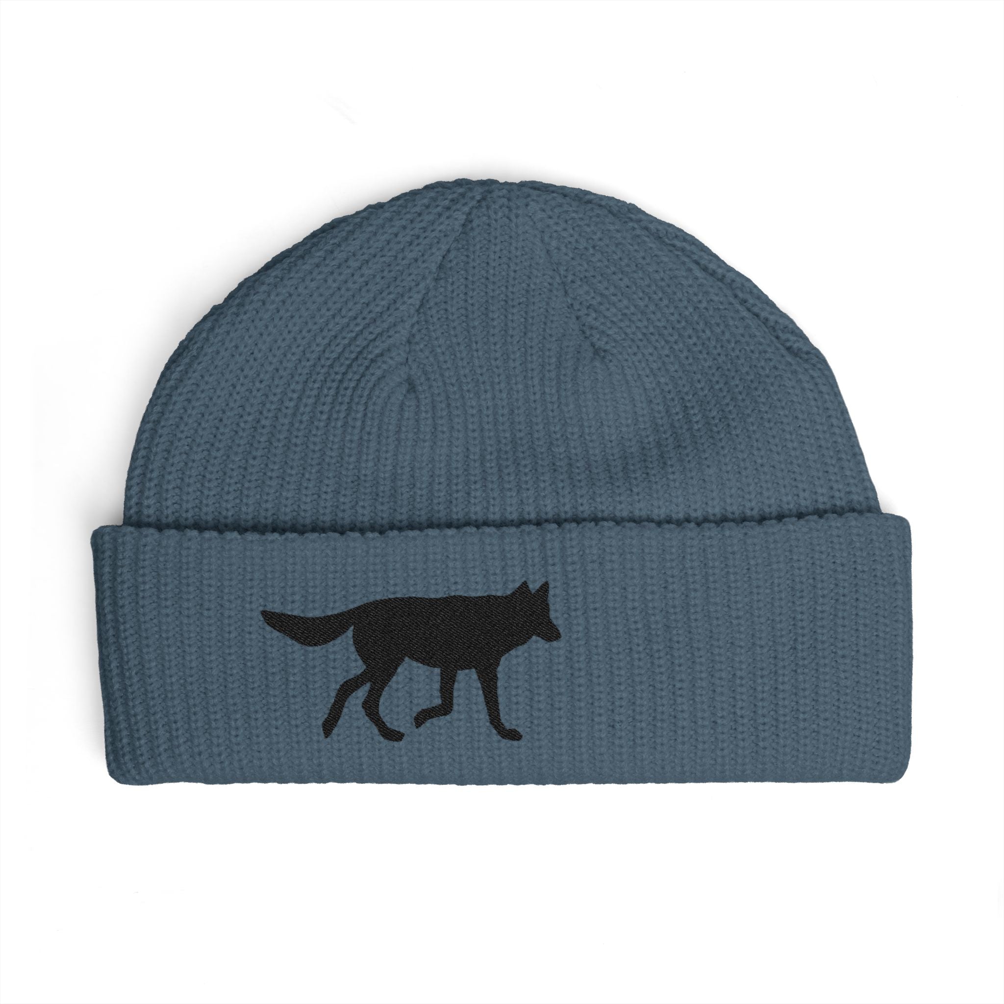 Wolf Silhouette Cuff Beanie — Embroidered Winter Hat