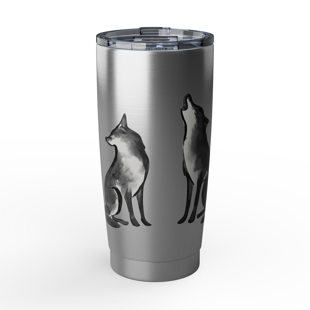 Vagabond Wolf 20oz Stainless Tumbler — Insulated Travel Cup with Howling & Sitting Wolf Art