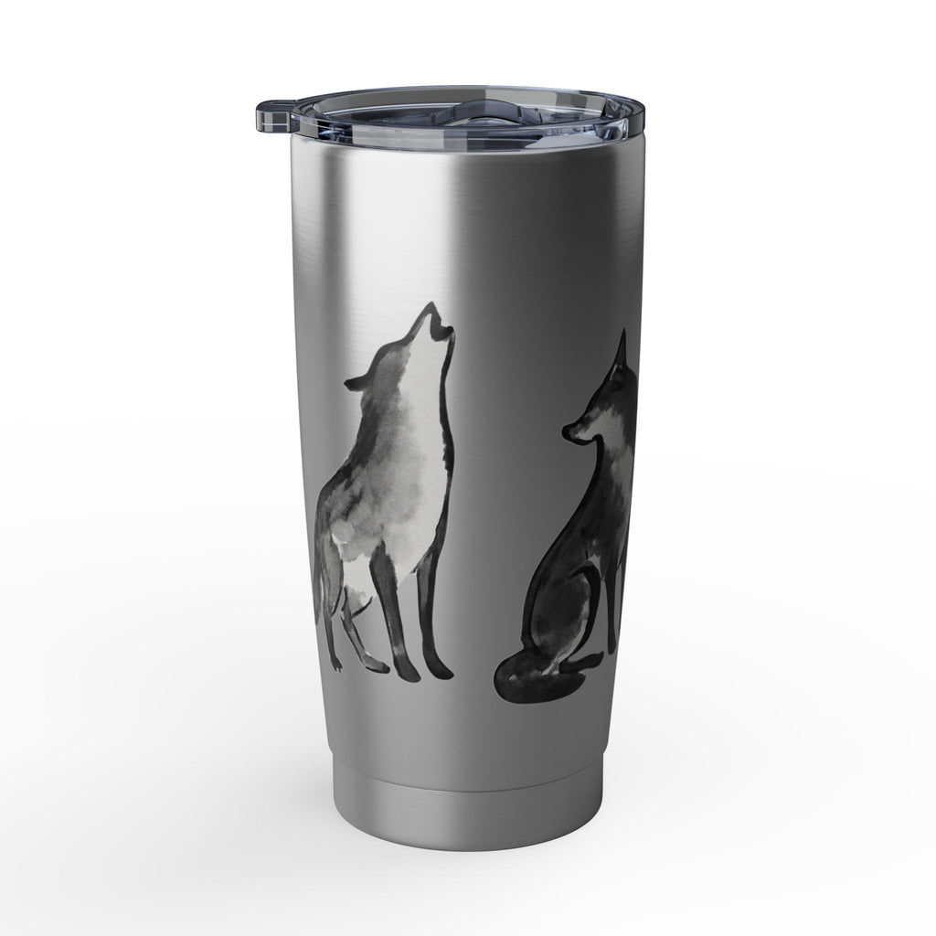 Vagabond Wolf 20oz Stainless Tumbler — Insulated Travel Cup with Howling & Sitting Wolf Art