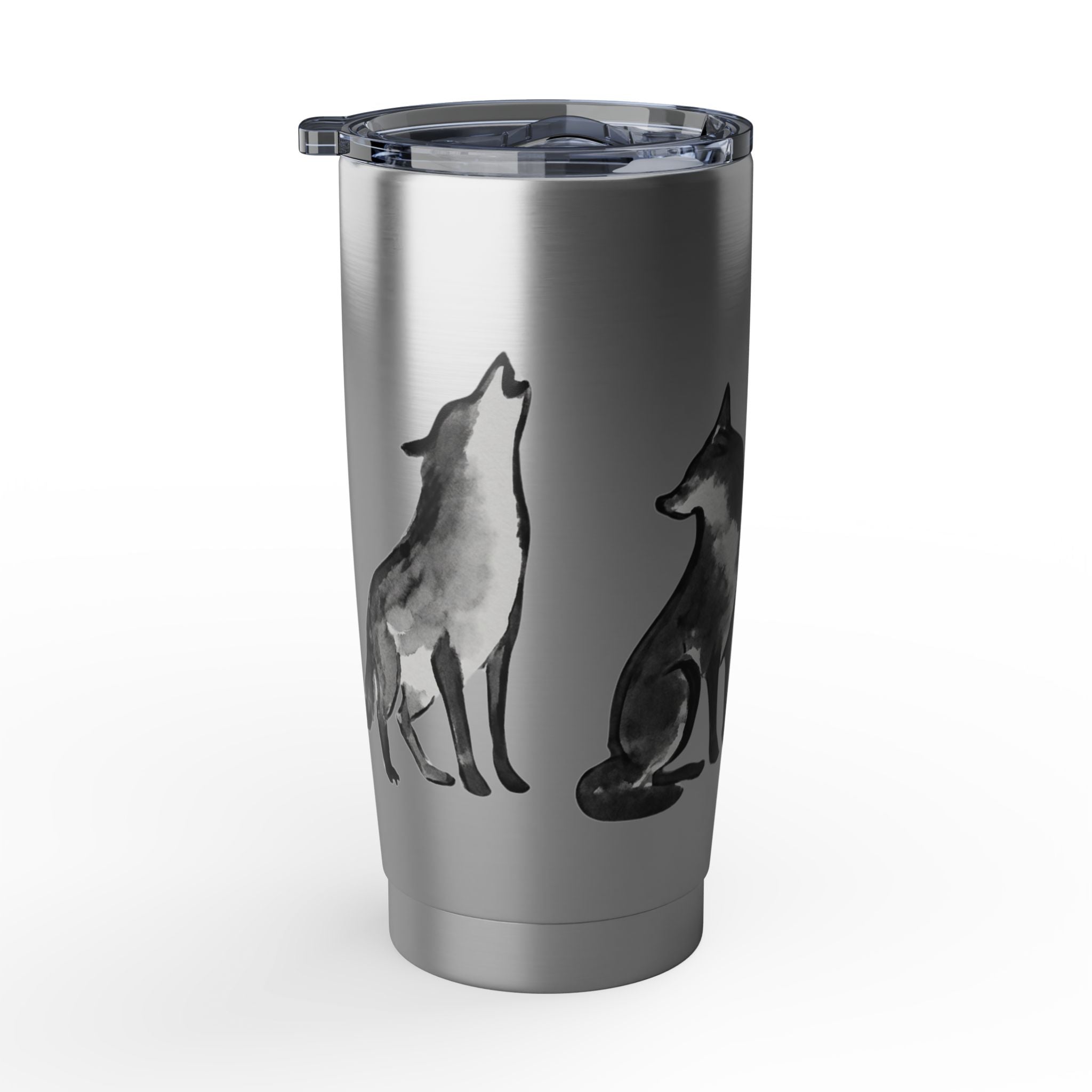 Vagabond Wolf 20oz Stainless Tumbler — Insulated Travel Cup with Howling & Sitting Wolf Art