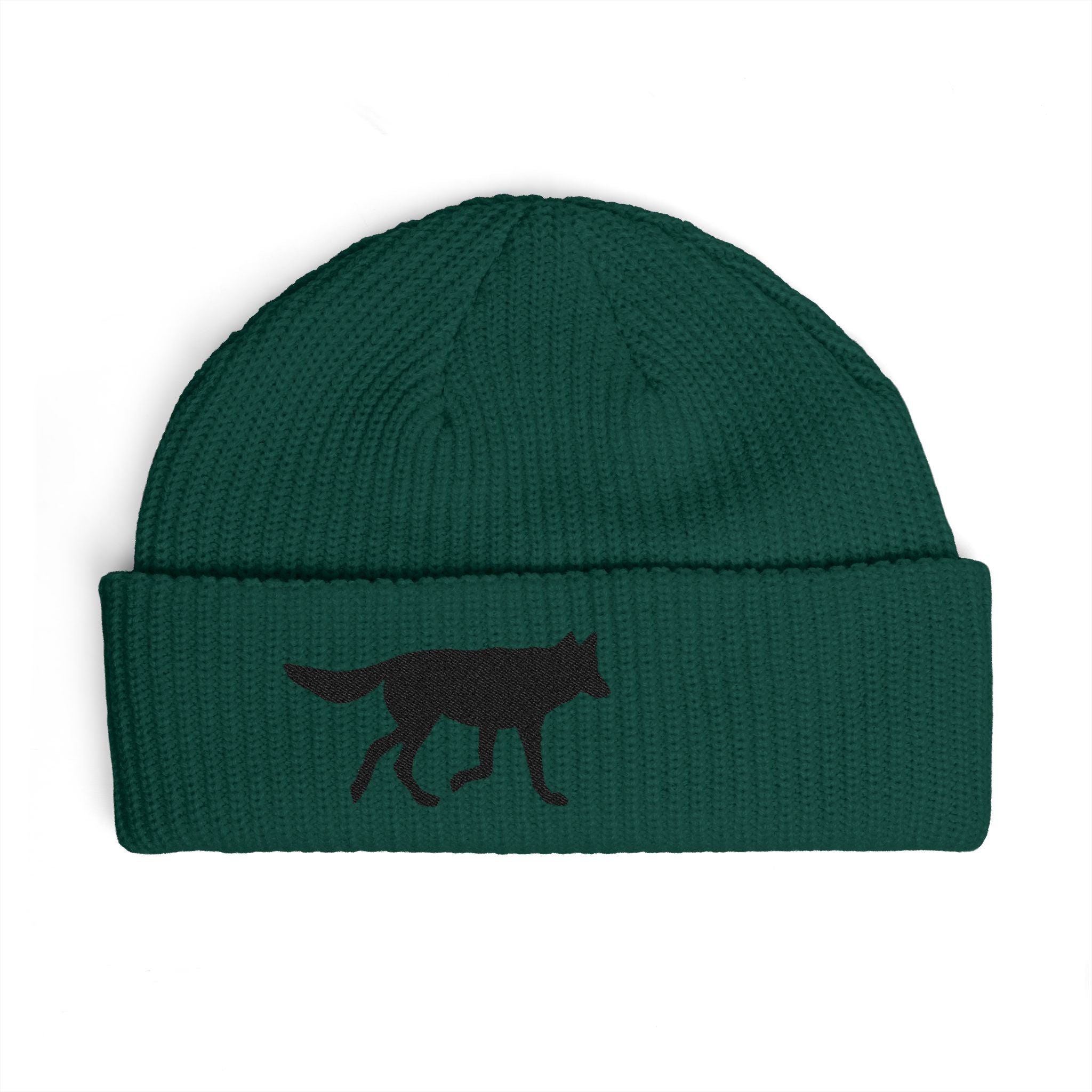 Wolf Silhouette Cuff Beanie — Embroidered Winter Hat