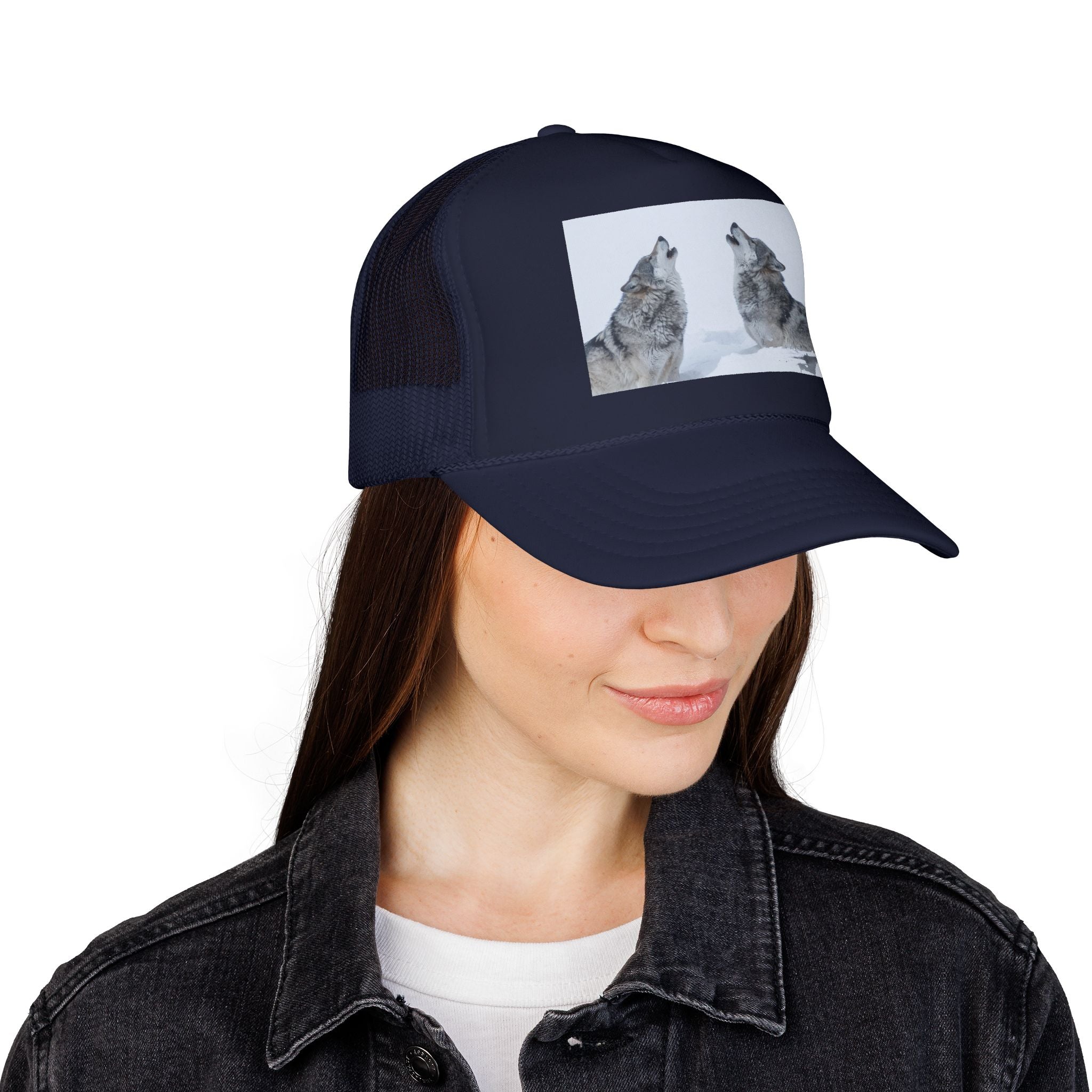 Howling Wolves Foam Trucker Hat — Winter Wildlife Mesh Cap