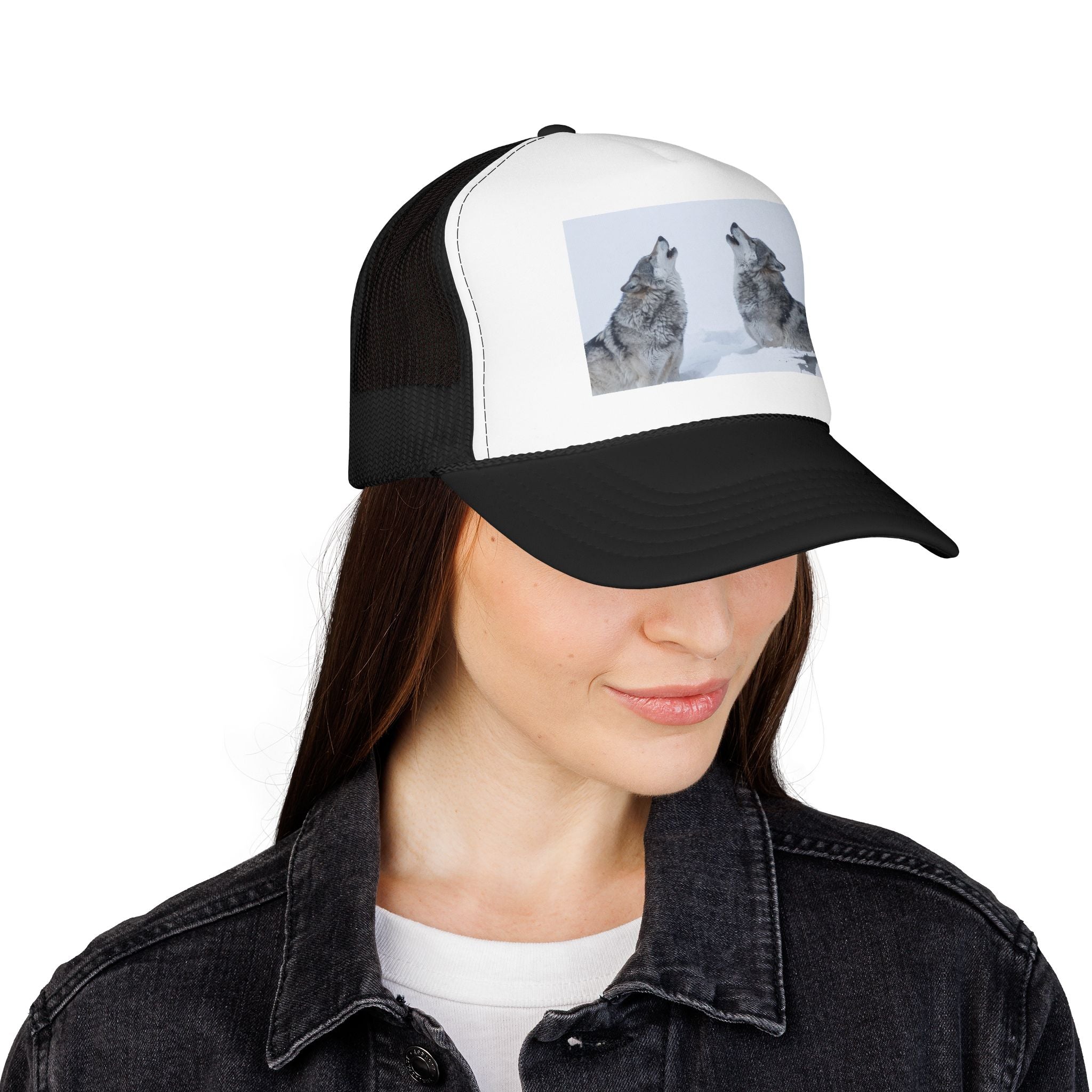 Howling Wolves Foam Trucker Hat — Winter Wildlife Mesh Cap