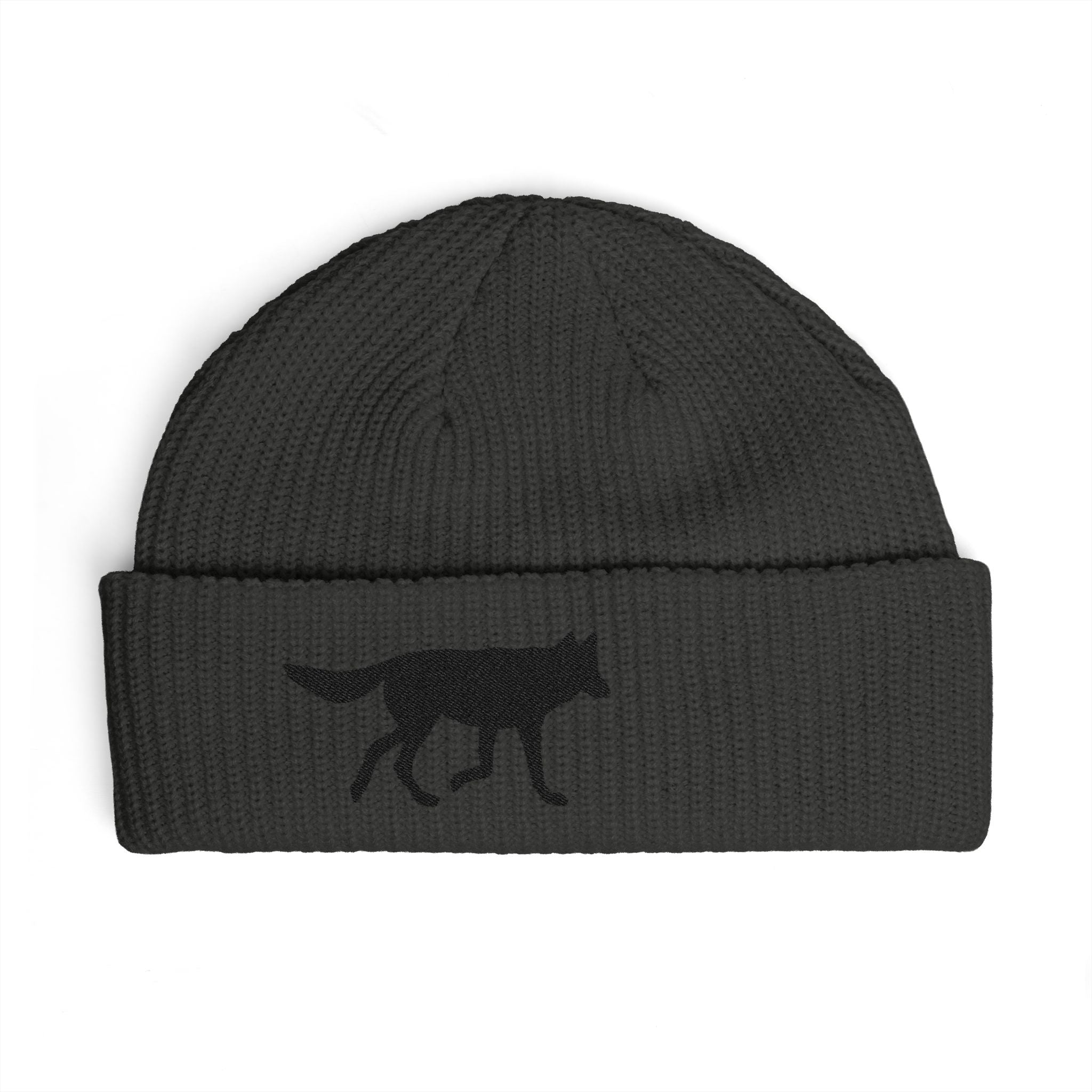 Wolf Silhouette Cuff Beanie — Embroidered Winter Hat